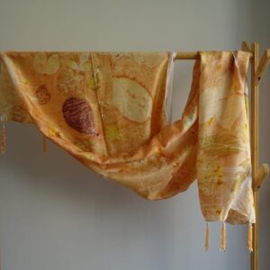 Patti scarf in apricot blush madder dyed Habutai silk with fallen leaf eco prints and katdana tassels - SewMuchBetter