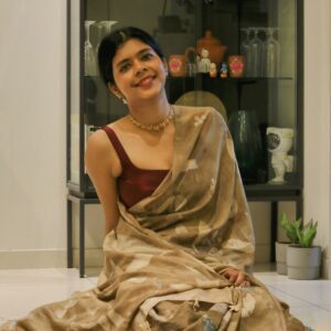 Naturally dyed Habutai silk saree with sacred temple marigold and green base dye, fallen leaf eco print impressions