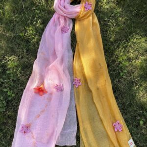 Rekha scarf in mul cotton naturally dyed in marigold yellow and sappanwood pink with scattered handmade flower embellishments - SewMuchBetter