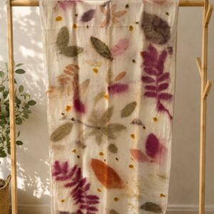 Patti scarf in off white Habutai silk with multicolour fallen leaf eco prints and handmade purple flower tassels - SewMuchBetter